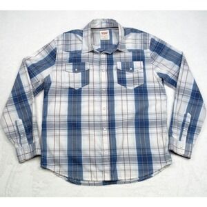 Levis Shirt Mens Size L White Blue Plaid Button Up Long Sleeve Pearl Snap Modern
